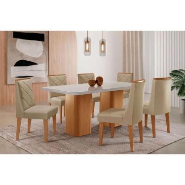 Imagem de Sala Jantar Mesa Maldivas Tampo c/ Vidro Curvo 180cm+6 Cadeiras Pietá Madeira Naturale/Off White - Capuccino/Linho Bege - Rufato