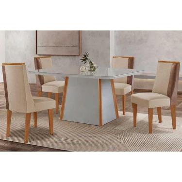 Imagem de Sala Jantar Mesa Tilia Tampo c/ Vidro Curvo 120cm+4 Cadeiras Tilia Naturale/Off White - Suede Creme - Rufato