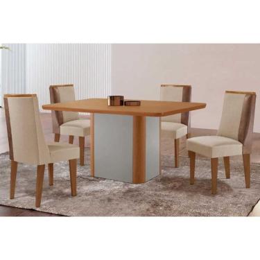 Imagem de Sala Jantar Mesa Pietá Tampo Curvo 120cm+4 Cadeiras Tilia Madeira Naturale/Off White - Capuccino/Suede Creme - Rufato