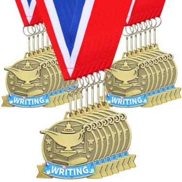 Imagem de Loetere 20 medalhas de excelência acadêmica a granel 6 cm medalhas de ouro de leitura com fitas de pescoço Troféu de metal Prêmio presentes para adultos amantes de livros competições festa (escrita)