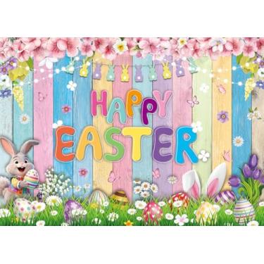Imagem de Pano de fundo de feliz páscoa colorido ovos de madeira coelho coelho floral primavera para decoração de festa de Páscoa, adereços de cabine de fotos infantis, suprimentos para eventos de primavera, 20