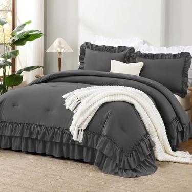 Imagem de Andency Conjunto de edredom feminino super king com babados, grosso, chique, casa de fazenda, macio, leve, grande, 120 x 120 (1 edredom 2 fronhas), cinza escuro