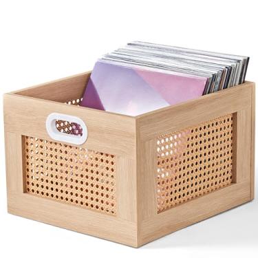 Imagem de LELELINKY Caixa de armazenamento de discos de vinil, porta-discos de vinil de vime com alça, caixa de disco de madeira natural para suporte de vinil de até 75 LPs, armazenamento de álbum de cubo de