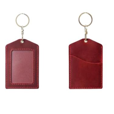 Imagem de Porta-crachá de identificação de couro legítimo, suporte vertical de couro de grão superior com gancho giratório de metal dourado e chaveiro (Borgonha)