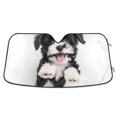 Imagem de Happy Black White Puppy Art Custom Car Windshield Sun Shade Engraçado retrátil dobrável automotivo protetor solar floral S, 134.6 cm x 59.7 cm