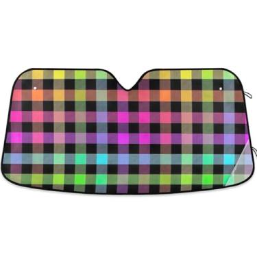Imagem de Toldo de sol personalizado xadrez neon arco-íris guingão para para-brisa de carro bonito dobrável caminhão carro persianas para janelas dianteiras protetor retrátil M, 139,7 cm x 70,1 cm