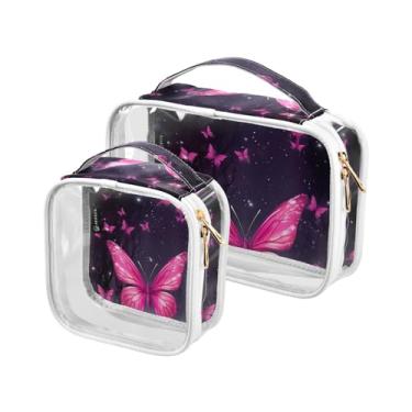 Imagem de GAIGEO Conjunto de bolsa de maquiagem transparente com flores violeta com folhas, bolsa de maquiagem de plástico, bolsas de higiene pessoal de viagem para mulheres, pacote com 2, Céu estrelado com