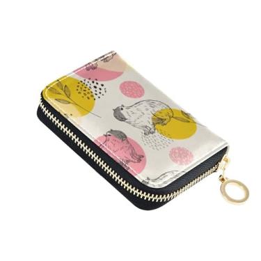 Imagem de Carteira feminina de couro com bloqueio de RFID com zíper e bolso para moedas rosa amarelo capivaras bege