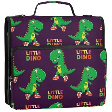 Imagem de Fichários grandes com 3 anéis de 3,8 cm, dinossauro, engraçado, fofo, organizador com zíper, vários bolsos, pasta grande para fichários escolares com alça de ombro 34,5 x 31,5 x 9 cm