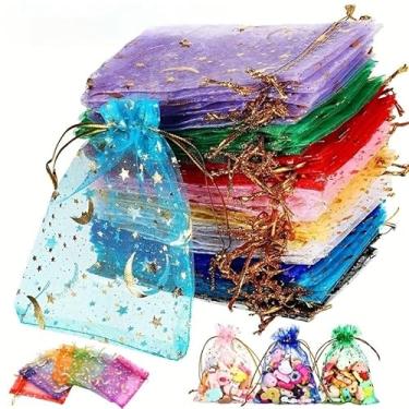 Imagem de Sacos de presente de organza 10/50/100 peças com estampa de estrela e lua - bolsas de cordão transparente (7 x 9 cm) para lembrancinhas de festa, casamento, chá de bebê, Páscoa, armazenamento de joias