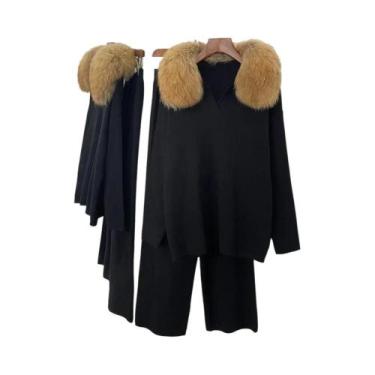 Imagem de Conjunto De Suéter De Tricô Feminino Primavera Outono Com Gola De Pele