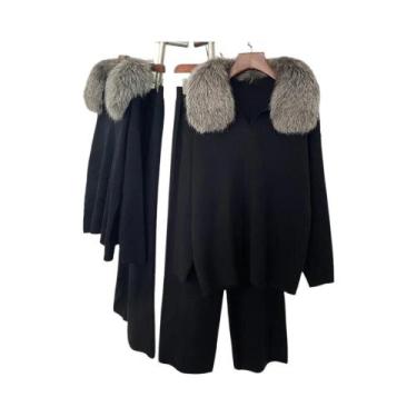 Imagem de Conjunto De Suéter De Tricô Feminino Primavera Outono Com Gola De Pele