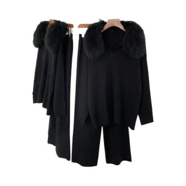 Imagem de Conjunto De Suéter De Tricô Feminino Primavera Outono Com Gola De Pele