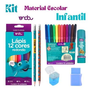 Imagem de Kit Material Escolar Infantil Lápis De Cor Canetinhas Lápis HB Borrach