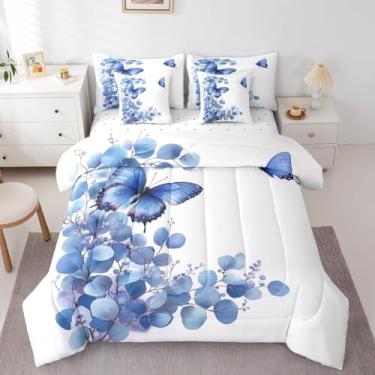 Imagem de Erosebridal Jogo de cama casal de 7 peças, borboleta azul, folha de planta botânica, para crianças e adultos, tema da natureza, vida selvagem em uma bolsa, conjunto de edredom rústico com lençol de