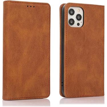 Imagem de MURVE Capa para iPhone 13/13 Mini/13 Pro/13 Pro Max, capa protetora para telemóvel carteira flip capa protetora à prova de choque com suporte para cartão alça de pulso (cor: castanho, tamanho: 13 mini