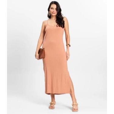 Imagem de Vestido Midi em Ribana Canelada Rovitex Marrom, G, Marrom