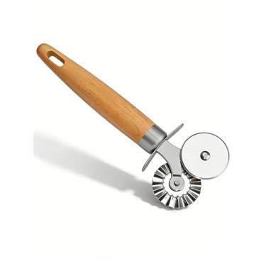 Imagem de Cortador de massa de roda dupla com cabo de madeira – Ferramenta de corte de ravioli canelado/pizza/biscoito para massas caseiras e pastelaria