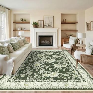 Imagem de Tapetes de área com estampa floral verde-oliva para quarto, sala de estar, boho, casa de fazenda, rústico, sala de jantar, tapetes macios e laváveis, revestimento antiderrapante para berçário, sala de