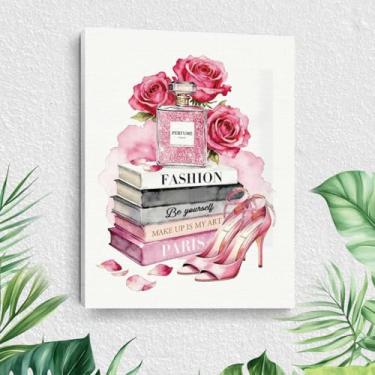 Imagem de Arte de parede em tela de perfume moderno, estante de livros em aquarela acolchoado com garrafa rosa, pinturas de arte emolduradas, decoração de parede, imagem descolada de salto alto para banheiro