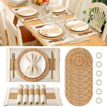 Imagem de Gandeer Conjunto de 6 jogos americanos redondos de tecido com anéis de guardanapo de pérola, conjunto de tapetes de mesa Boho Rush, jogos americanos feitos à mão para mesa de jantar, cozinha, festa de