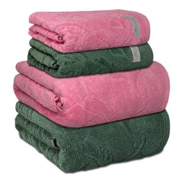 Imagem de Kit 4 Toalhas Banho e Rosto em Algodão Fio Penteado Macias Absorventes Conforto para Uso Diário e Decoração (Rosa Flamingo/Verde Amazônia)