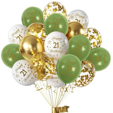 Imagem de Balões Happy 21st Birthday 16 peças verde sálvia dourado branco, balões de confete de látex, balões de festa verde sálvia e dourado para meninos e meninas, decoração de aniversário de 21 anos