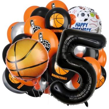 Imagem de Balões de basquete, balões de número preto, bolas de basquete laranja pretas impressas e balão de látex prateado (número 5)