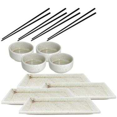 Imagem de Kit oriental cor Creme Pratos e Molheira 60mL para comida japonesa par