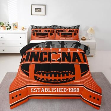 Imagem de Erosebridal Conjunto de edredom colorido do time de futebol americano, jogo de bola 3D, tamanho Queen, com listras laranjas, pretas, rugby, cidade, edredom e jogo de edredom de jogador de futebol,
