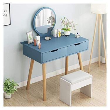 Imagem de Conjunto de penteadeira de mesa com espelho, penteadeira com gavetas, mesa de maquiagem moderna para quarto com banco acolchoado para mulheres (cor: branco + azul, tamanho: (azul 80 x 40 x 73 cm)