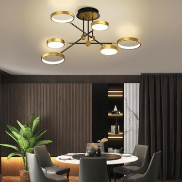Imagem de Lustre de teto LED moderno para sala de estar, modelo redondo, com 6 lâmpadas, temperatura de cor ajustável de 3000 K a 6500 K, controle remoto e iluminação regulável. Ideal para quartos e r