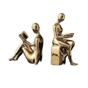 Imagem de Moderno, 1 conjunto/2 peças, suporte de prateleira de bloco de cerâmica, suporte para livros, mesa, decoração de sala de estudo, prateleiras de escultura (ouro)