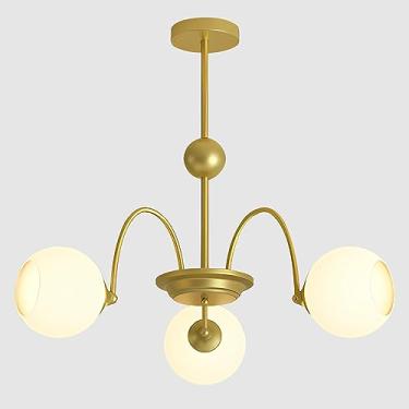Imagem de Lustre moderno Sputnik com 3 lâmpadas, em tons de dourado e branco, com globo de vidro e esferas redondas. Ideal para sala de jantar em estilo meados do século XX.