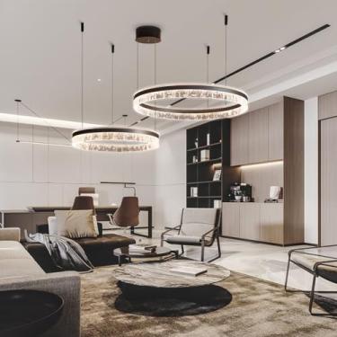 Imagem de Luminária pendente moderna em formato de anel, 120W LED, dimerizável, para sala de estar, com controle remoto, elegante, para quarto, salão de beleza e sala de jantar. Altura ajustável. Acab