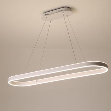 Imagem de Lustre oval LED regulável, moderno, para mesa de jantar ou escritório, com altura ajustável e controle remoto, ideal para sala de jantar, cozinha e sala de estar (branco, 120 cm de comprimen