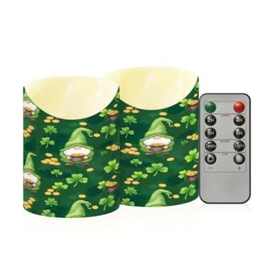Imagem de Wassud Pacote com 2 gnomos do Dia de São Patrício velas sem chama com controle remoto, velas realistas cintilantes com temporizador, velas decorativas para Natal, casamento, festa, decoração de casa