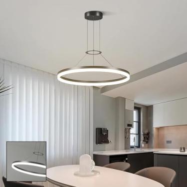 Imagem de Lustre pendente LED moderno em formato de anel, com intensidade ajustável e controle remoto, ideal para sala de jantar, escritório, bar e quarto (preto, 40 cm).