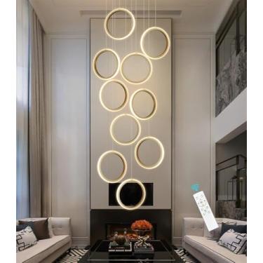 Imagem de Luminária pendente LED moderna com anel longo para escada, ideal para sala de estar, lustre de alumínio com regulagem de intensidade, estilo Xuanguan, perfeita para sala de jantar, quarto, e