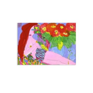 Imagem de Walasse Ting Arte de parede Still Waiting For You Impressão em tela giclée de famosa pintura abstrata colorida presente para ela moderna decoração de quarto de banheiro 85 x 60 cm (33 x 24 polegadas