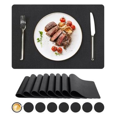 Imagem de Jogo americano de vinil, conjunto de 8 tapetes de couro sintético, à prova d'água e resistente ao calor, tapetes de mesa laváveis antiderrapantes com porta-copos para ambientes internos e externos, 43