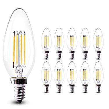 Imagem de Lâmpada LED tipo vela C35 E14, branco quente 2700-3000K, 4W, pequena, estilo vintage Edison, com filamento de rosca, para lustres, ângulo de feixe de 360°, pacote com 10 unidades.