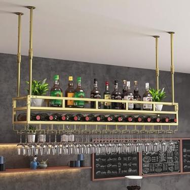 Imagem de Rack de copo de vinho de teto, rack de vinho suspenso com suporte de vidro e prateleira, suporte de garrafa de vinho de metal ajustável em altura, prateleiras de taças de cálice, prateleira de