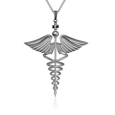 Imagem de OigvcoTe Colar com pingente de caduceu de cobre banhado a ouro, corrente banhada a ouro, 4 x 4 cm, corrente de 40 cm, corrente banhada a cobre com design de símbolo profissional, joia moderna, 44