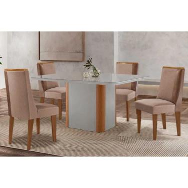 Imagem de Conjunto Sala de Jantar Pietá c/ Tampo Madeirado c/ Vidro Canto Curvo 120x80cm e 4 Cadeiras Tilia Madeira Maciça Naturale/Off White - Capuccino/Suede 