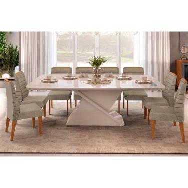 Imagem de Conjunto: Mesa Sala Jantar Zafira c/ Tampo Madeirado c/ Vidro Curvo 200x100cm e 8 Cadeiras Ondina Off White - Freijo/Linho Bege - DJ Móveis