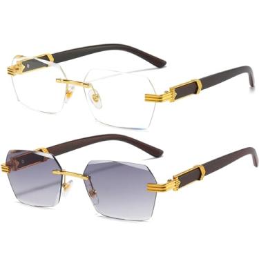 Imagem de AIEYEZO Óculos de sol retrô sem aro retangular, unissex, vintage, sem moldura, modernos, quadrados, matizados, Pacote com 2 (ouro/transparente + gradiente dourado/cinza), MM