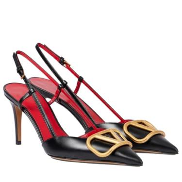 Imagem de CHEFDEER Sandálias femininas de salto alto, bico fino, salto agulha sexy, sem cadarço, costas nuas, vestido de festa de formatura, Preto, dourado, 40