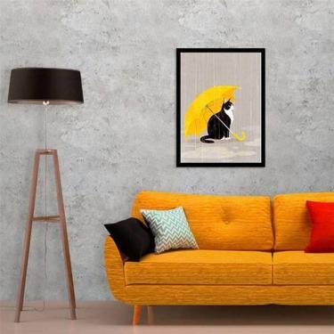 Imagem de Quadro Gato Com Sombrinha Amarela 24X18 Com Vidro - Preta