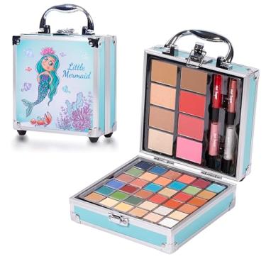 Imagem de Hot Sugar Kit de maquiagem para meninas de 4 a 6 anos, 7 a 8 anos, 10 a 12 anos, kit de maquiagem para meninas de 13 a 15 anos, inclui pincel de contorno para sombra e brilho labial (sereia azul)